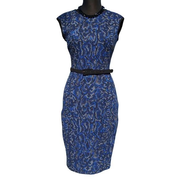 Cache Stretch Dress Lined Removable Belt Blue Black Reptile Print New $168 NWT - Picture 2 of 3